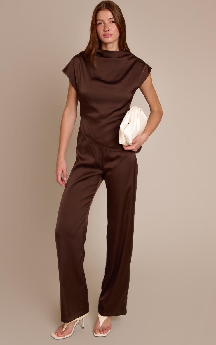 Pretty Little Thing Chocolate Satin Cap Sleeve Straight Leg Jumpsuit