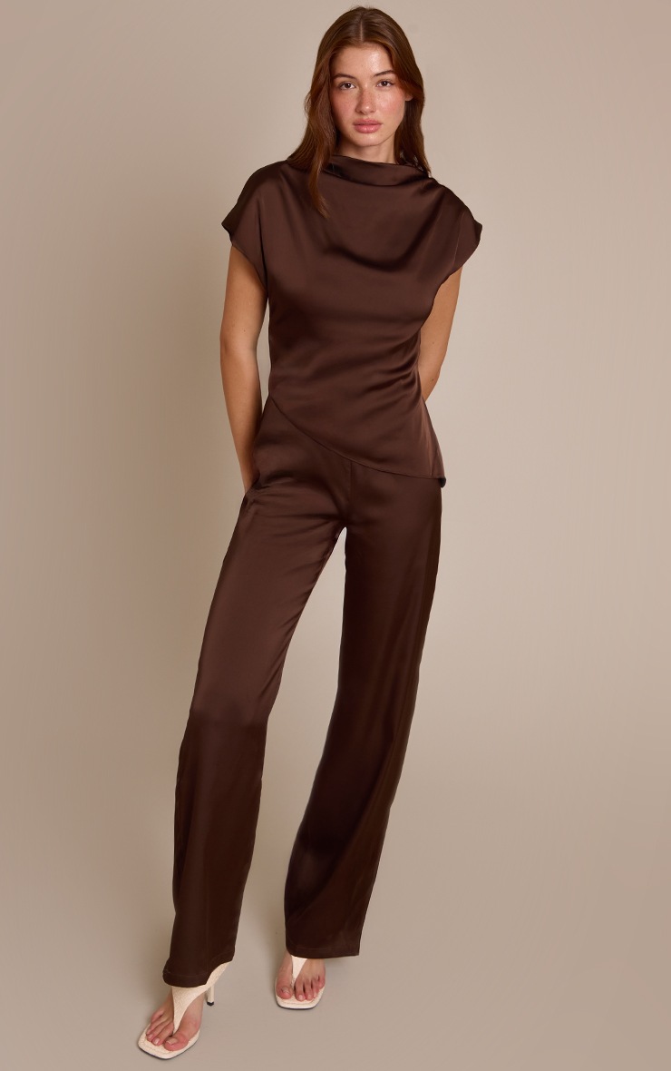 Pretty Little Thing Chocolate Satin Cap Sleeve Straight Leg Jumpsuit