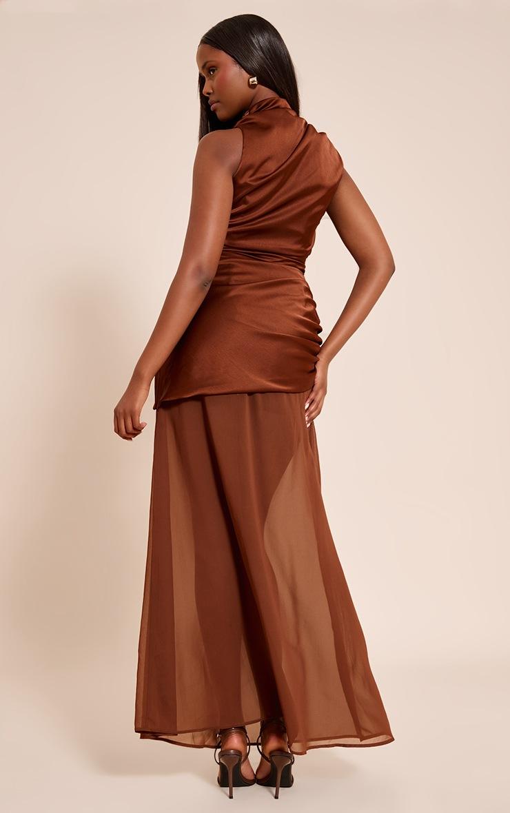 Pretty Little Thing Chocolate Satin Contrast Ruched Detail Maxi Dress