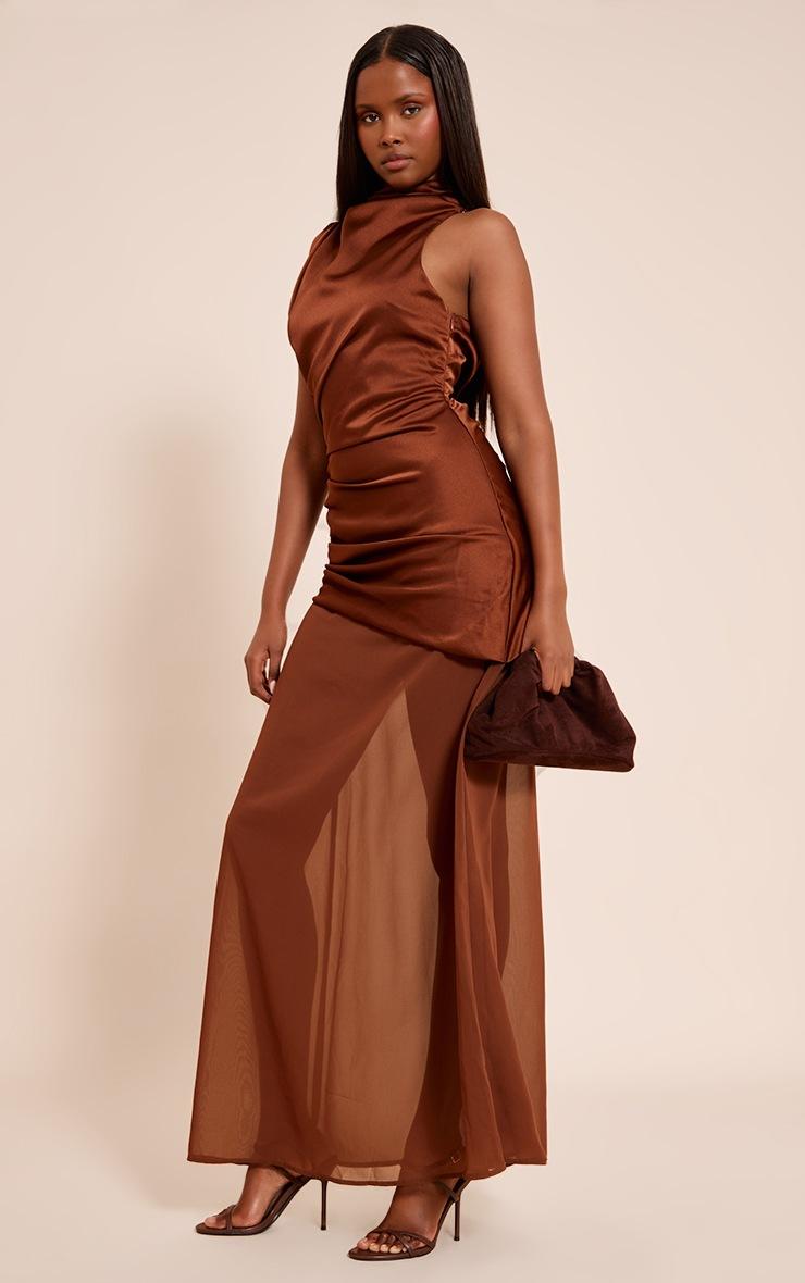 Pretty Little Thing Chocolate Satin Contrast Ruched Detail Maxi Dress