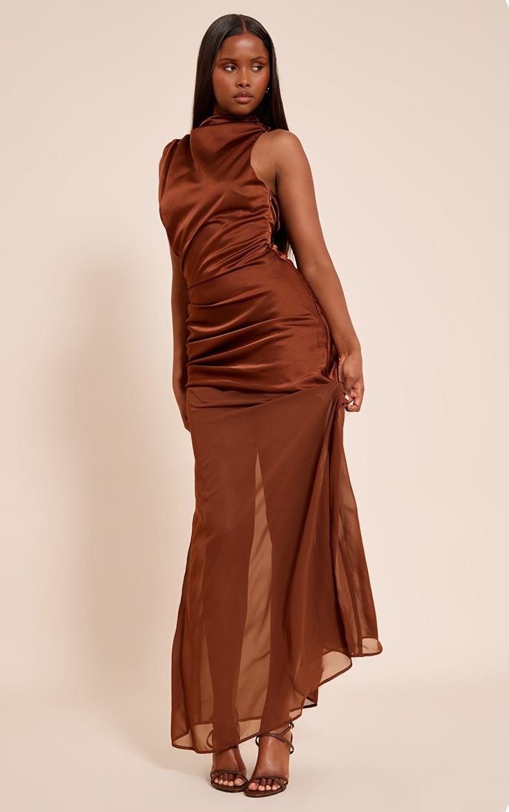 Pretty Little Thing Chocolate Satin Contrast Ruched Detail Maxi Dress