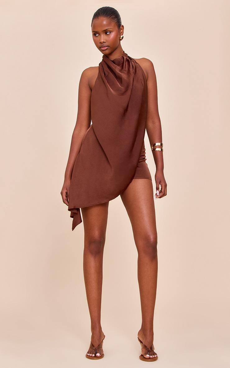 Pretty Little Thing Chocolate Satin Halterneck Romper