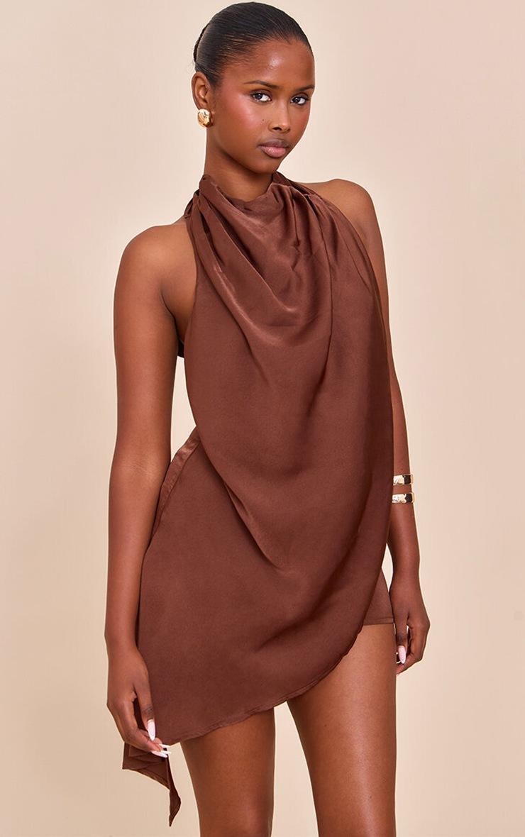 Pretty Little Thing Chocolate Satin Halterneck Romper