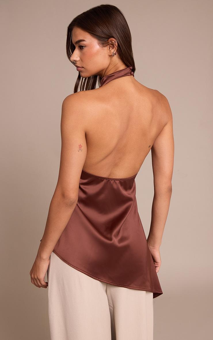 Pretty Little Thing Chocolate Satin High Neck Scoop Back Drape Top