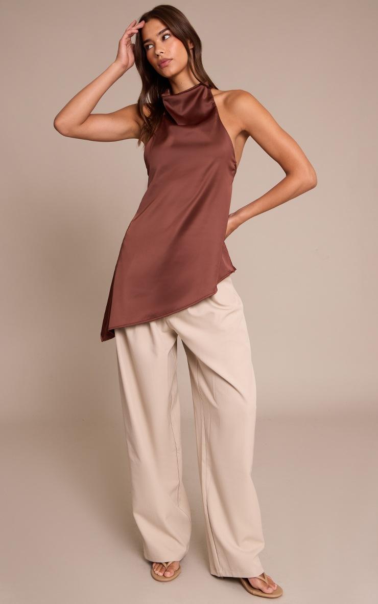 Pretty Little Thing Chocolate Satin High Neck Scoop Back Drape Top