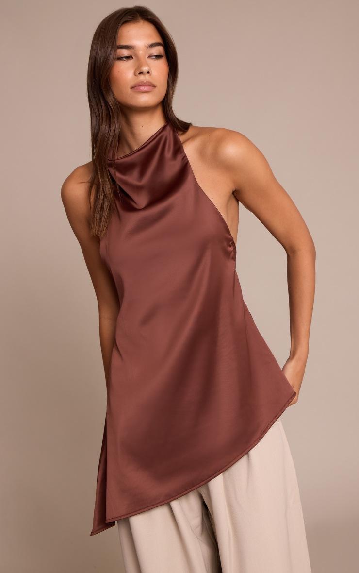 Pretty Little Thing Chocolate Satin High Neck Scoop Back Drape Top