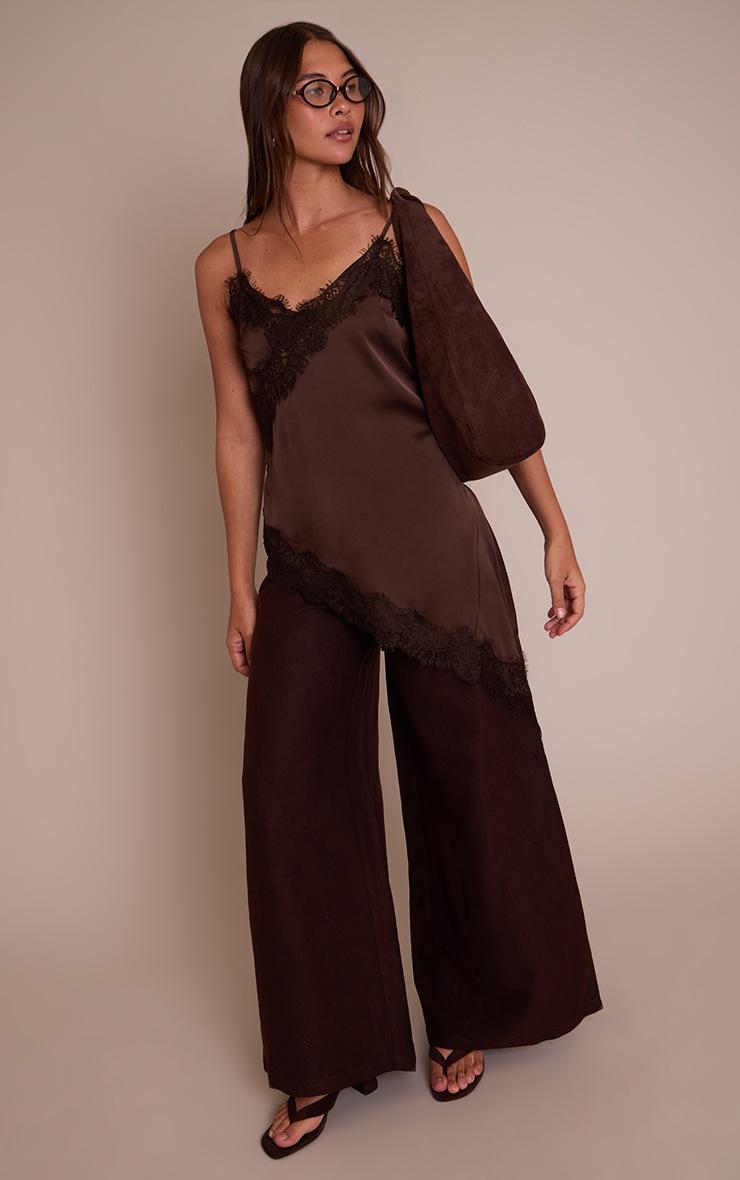 Pretty Little Thing Chocolate Satin Lace Detail Asymmetric Long Top