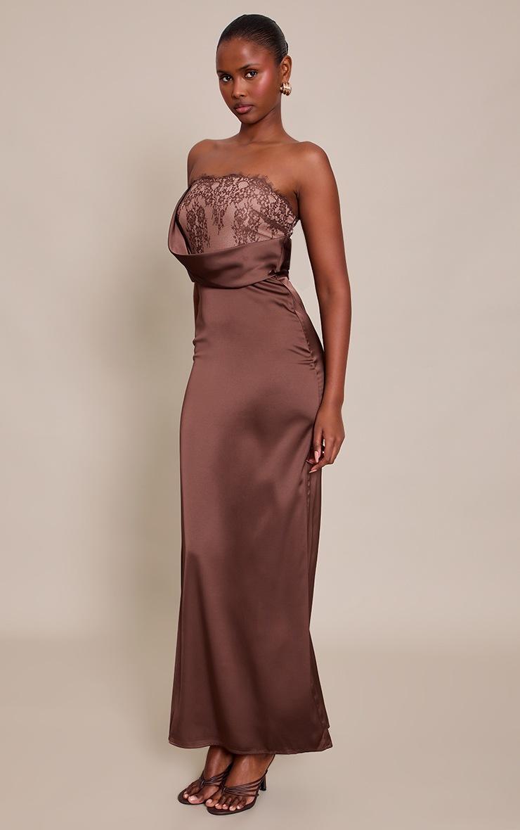 Pretty Little Thing Chocolate Satin Lace Detail Maxi Dress
