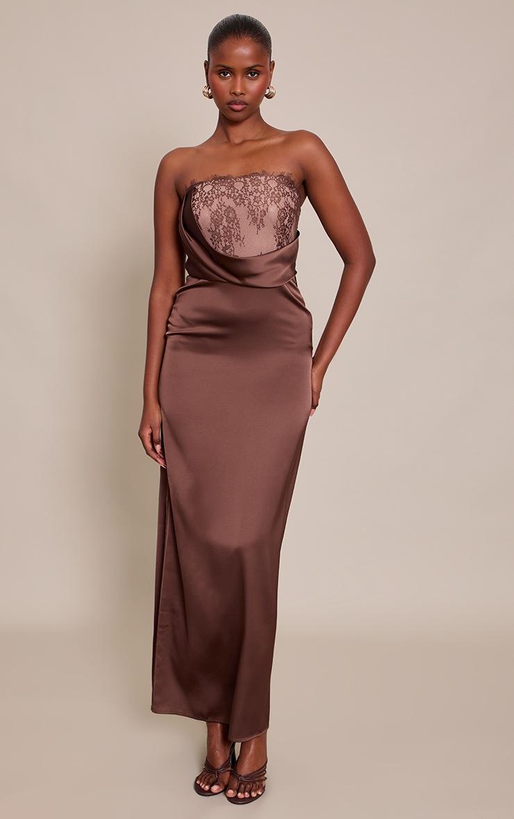 Pretty Little Thing Chocolate Satin Lace Detail Maxi Dress