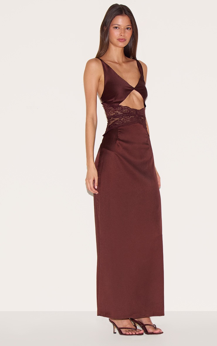 Pretty Little Thing Chocolate Satin Lace Insert Maxi Dress