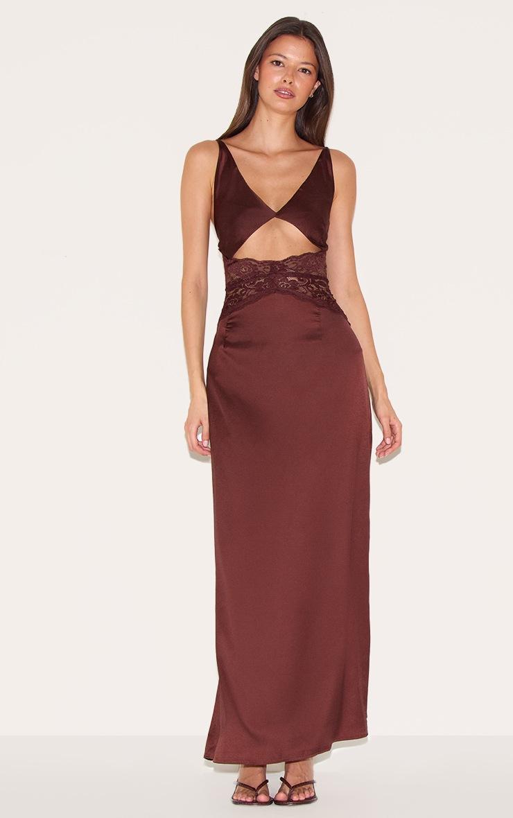 Pretty Little Thing Chocolate Satin Lace Insert Maxi Dress