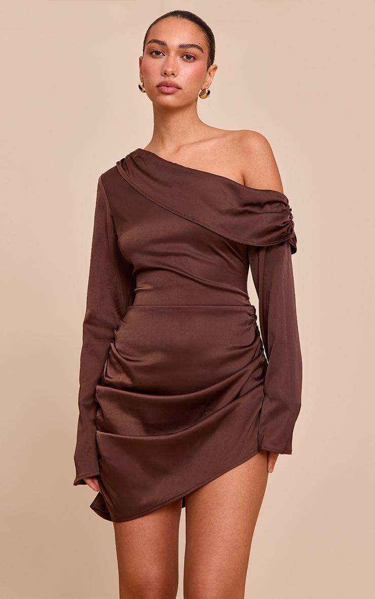 Pretty Little Thing Chocolate Satin One Shoulder Drape Bodycon Dress