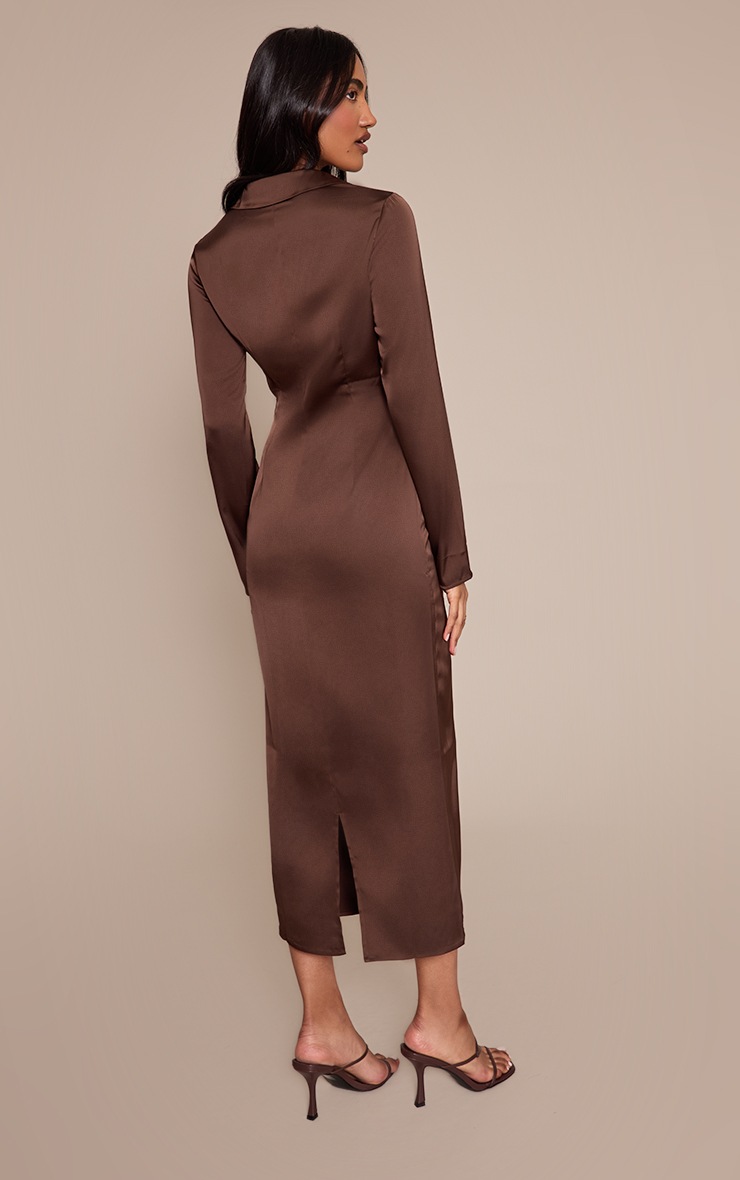 Pretty Little Thing Chocolate Satin Ruched Detail Long Sleeve Midaxi Dress