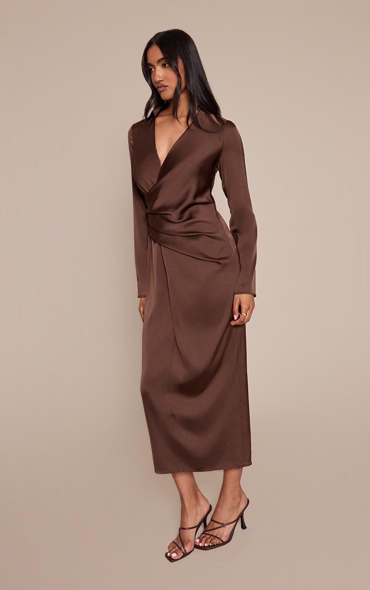 Pretty Little Thing Chocolate Satin Ruched Detail Long Sleeve Midaxi Dress