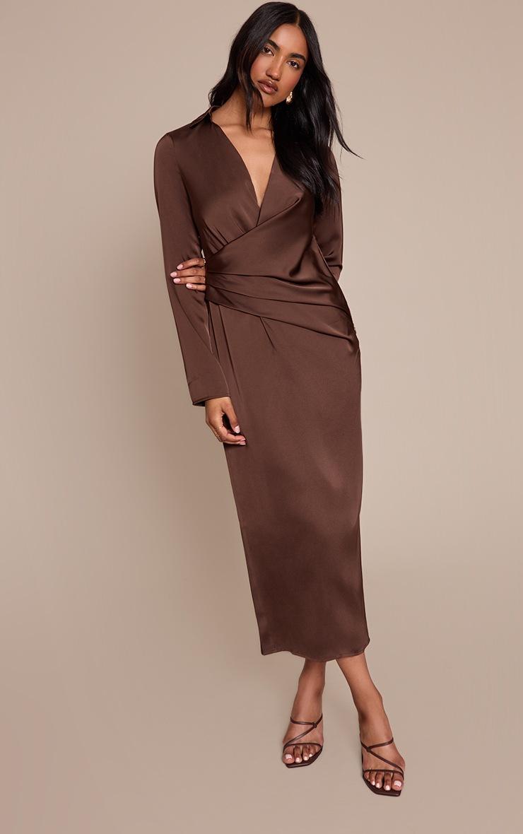 Pretty Little Thing Chocolate Satin Ruched Detail Long Sleeve Midaxi Dress