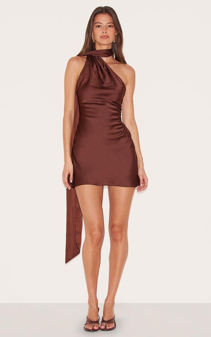 Pretty Little Thing Chocolate Satin Scarf Detail Bodycon Dress