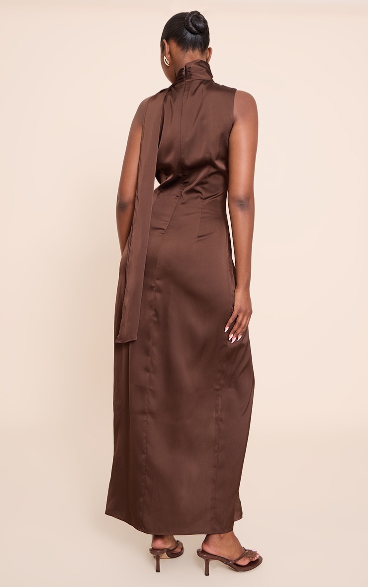 Pretty Little Thing Chocolate Satin Scarf Detail Maxi Dress