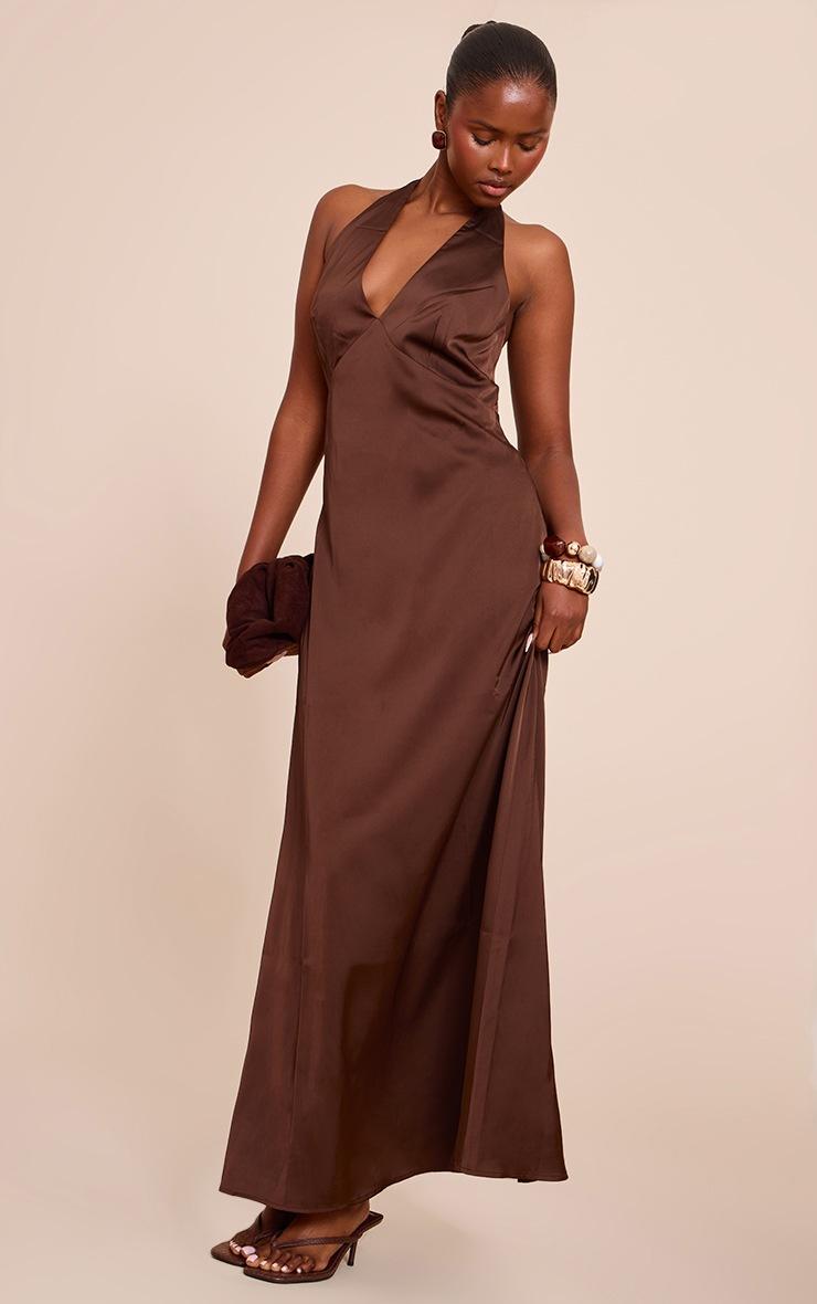 Pretty Little Thing Chocolate Satin V Neck Maxi Dress