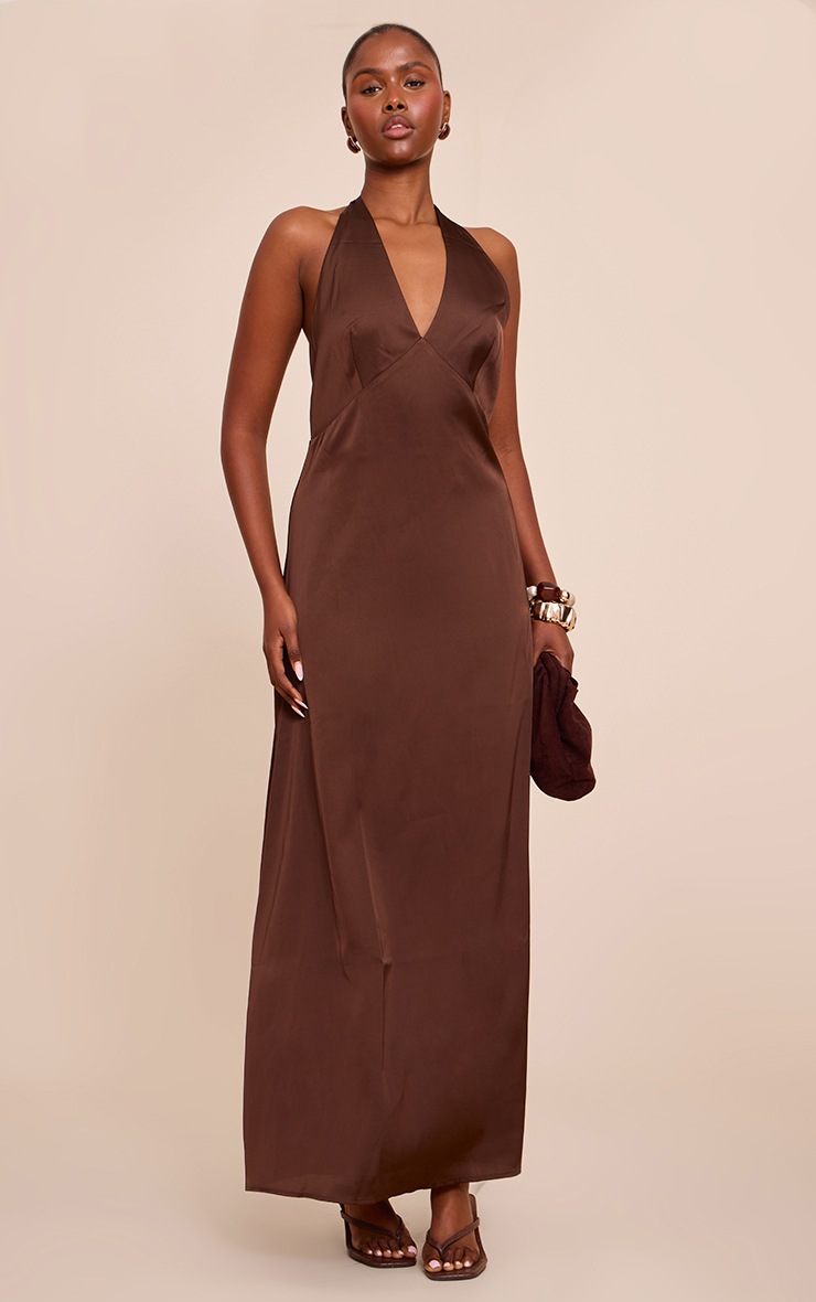 Pretty Little Thing Chocolate Satin V Neck Maxi Dress