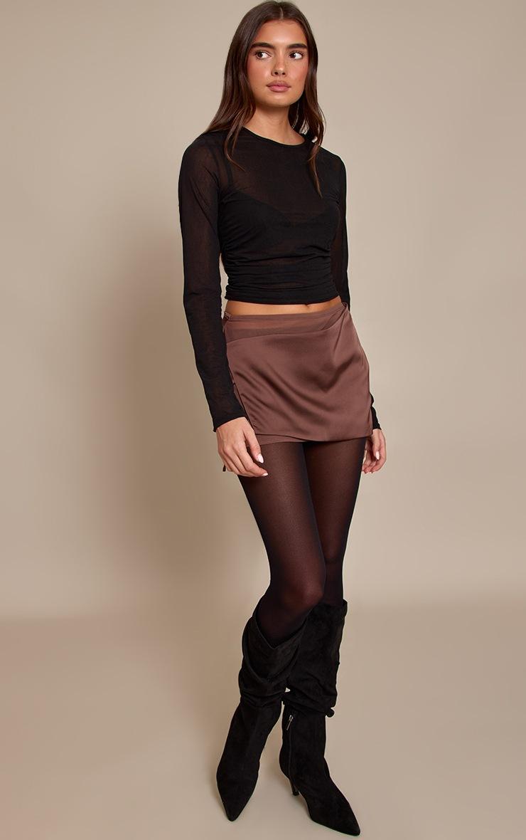 Pretty Little Thing Chocolate Satin Wrap Mesh Mini Skirt