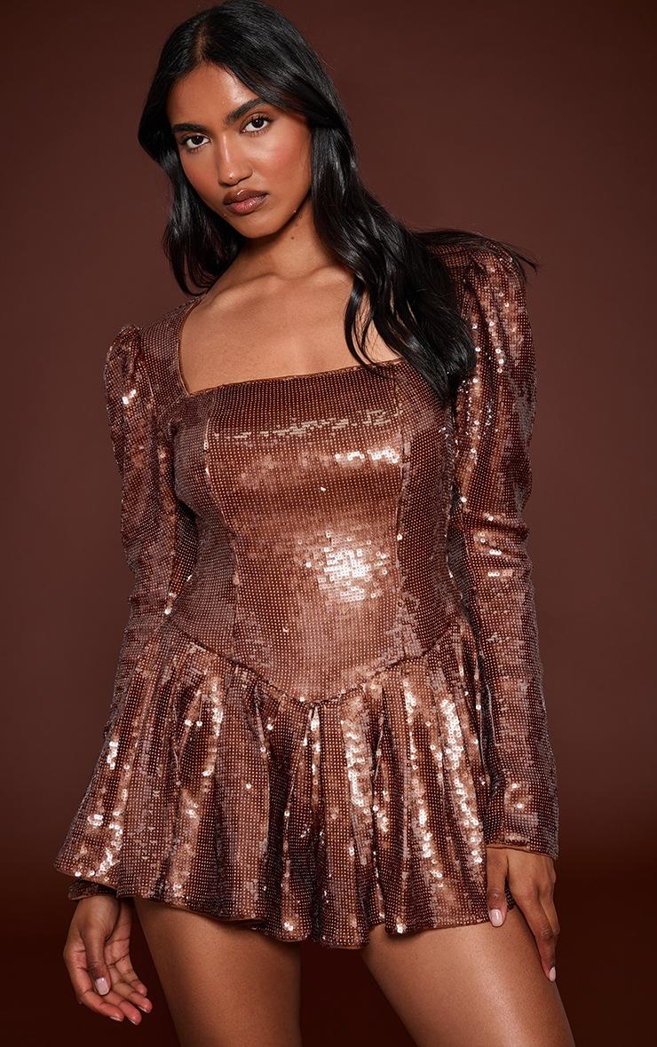 Pretty Little Thing Chocolate Sequin Puff Sleeve Romper