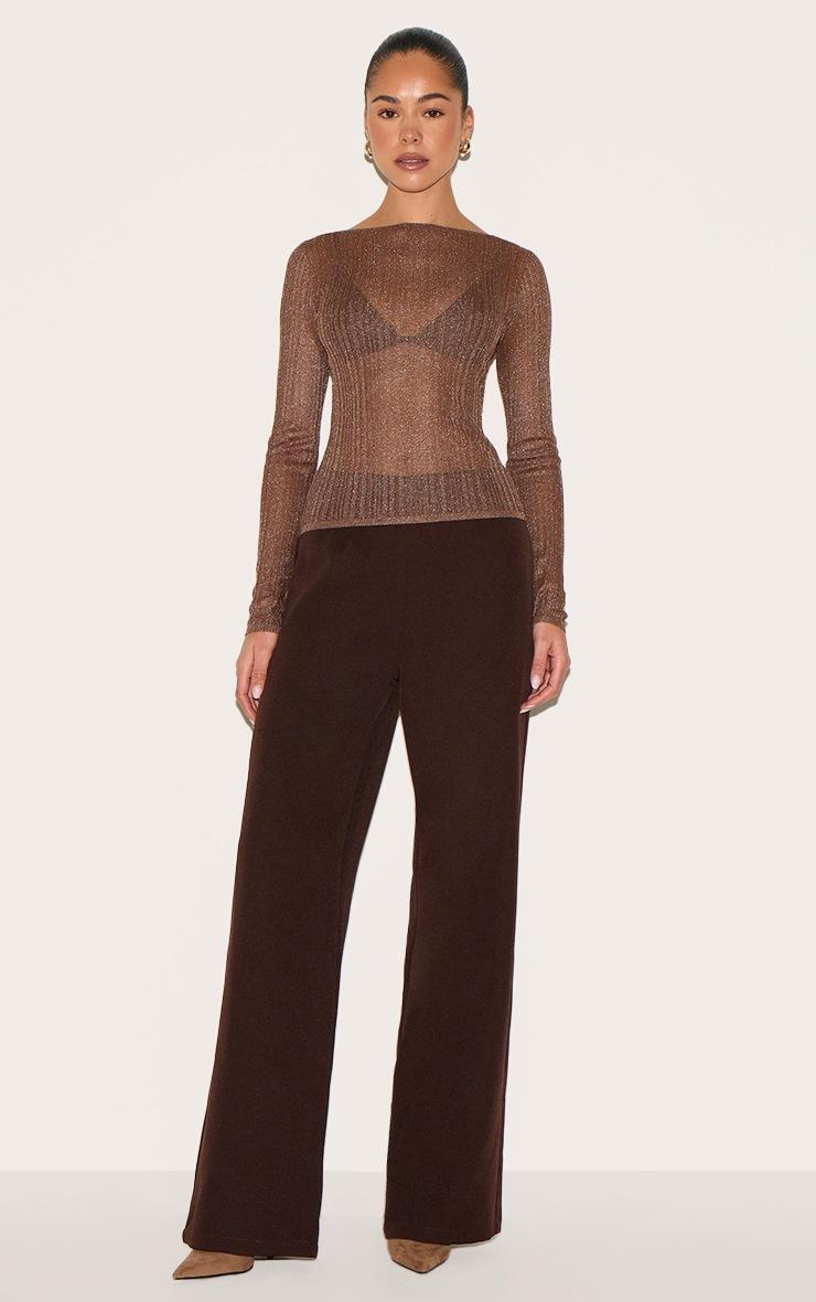 Pretty Little Thing Chocolate Sheer Knit Long Sleeve Boat Neck Top
