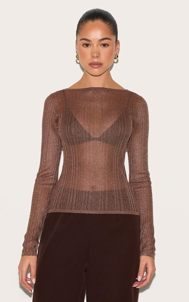 Pretty Little Thing Chocolate Sheer Knit Long Sleeve Boat Neck Top