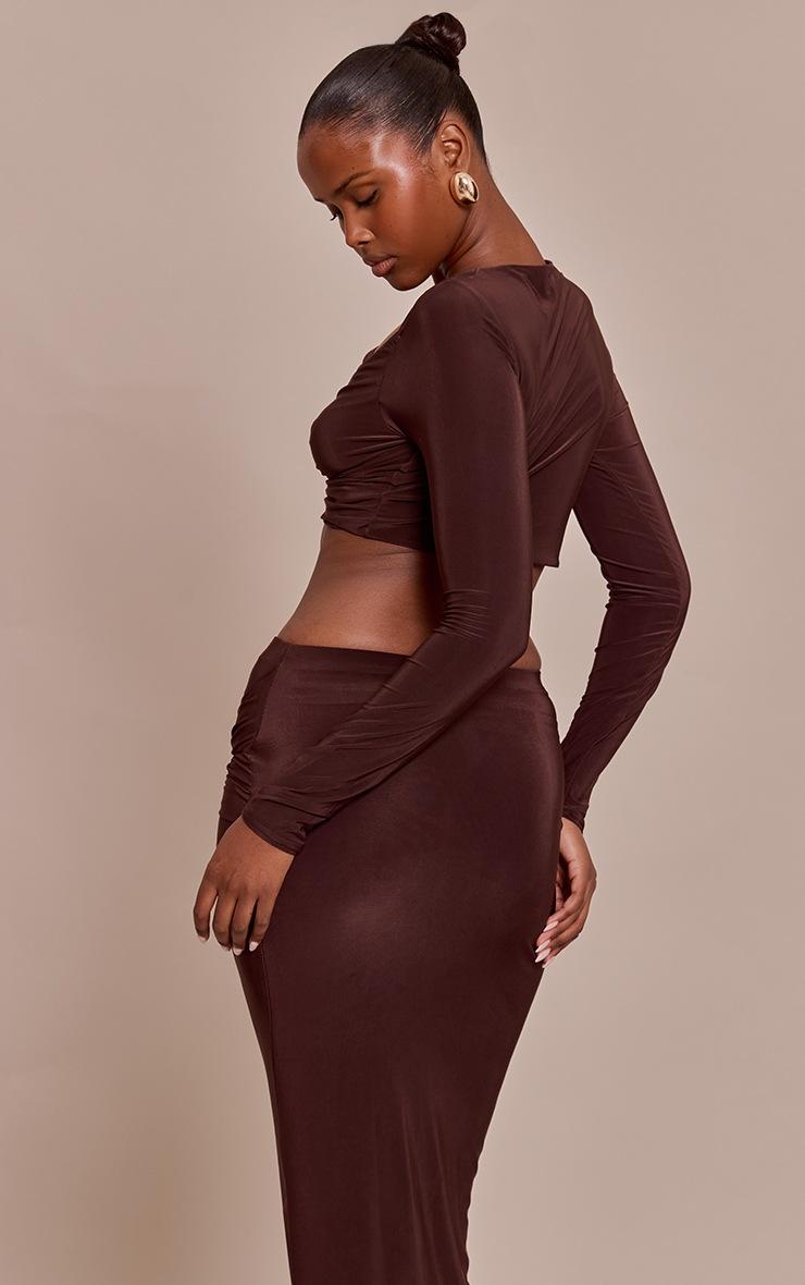 Pretty Little Thing Chocolate Slinky Cut Out Long Sleeve Twist Detail Trim Crop Top