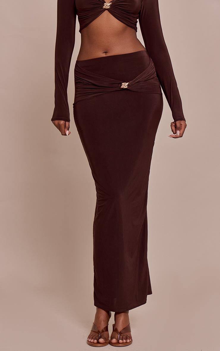 Pretty Little Thing Chocolate Slinky Cut Out Twist Detail Trim Mid Rise Maxi Skirt