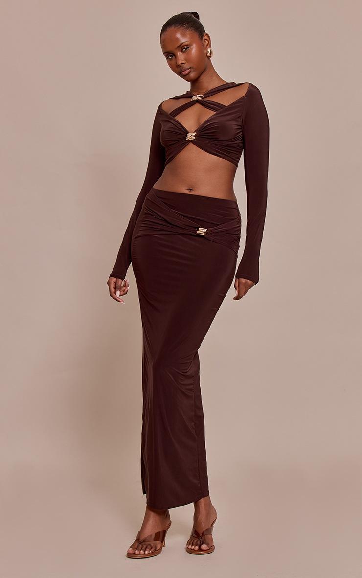 Pretty Little Thing Chocolate Slinky Cut Out Twist Detail Trim Mid Rise Maxi Skirt