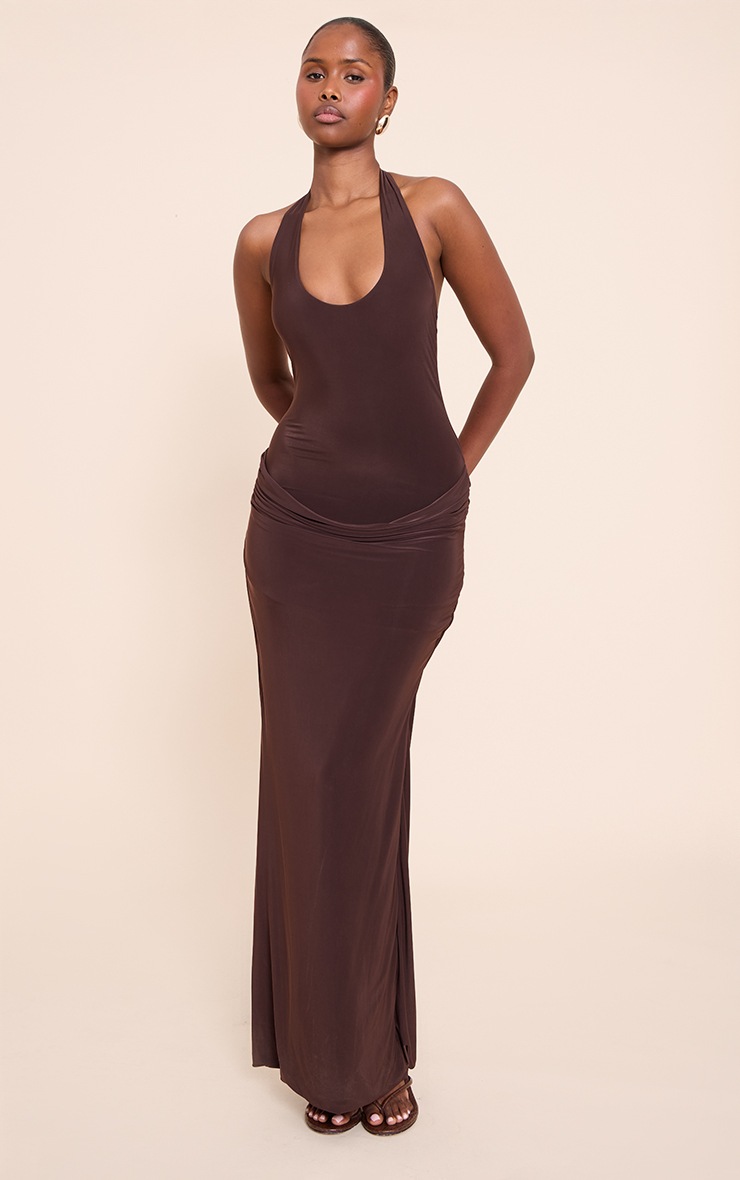 Pretty Little Thing Chocolate Slinky Halterneck Ruched Detail Maxi Dress