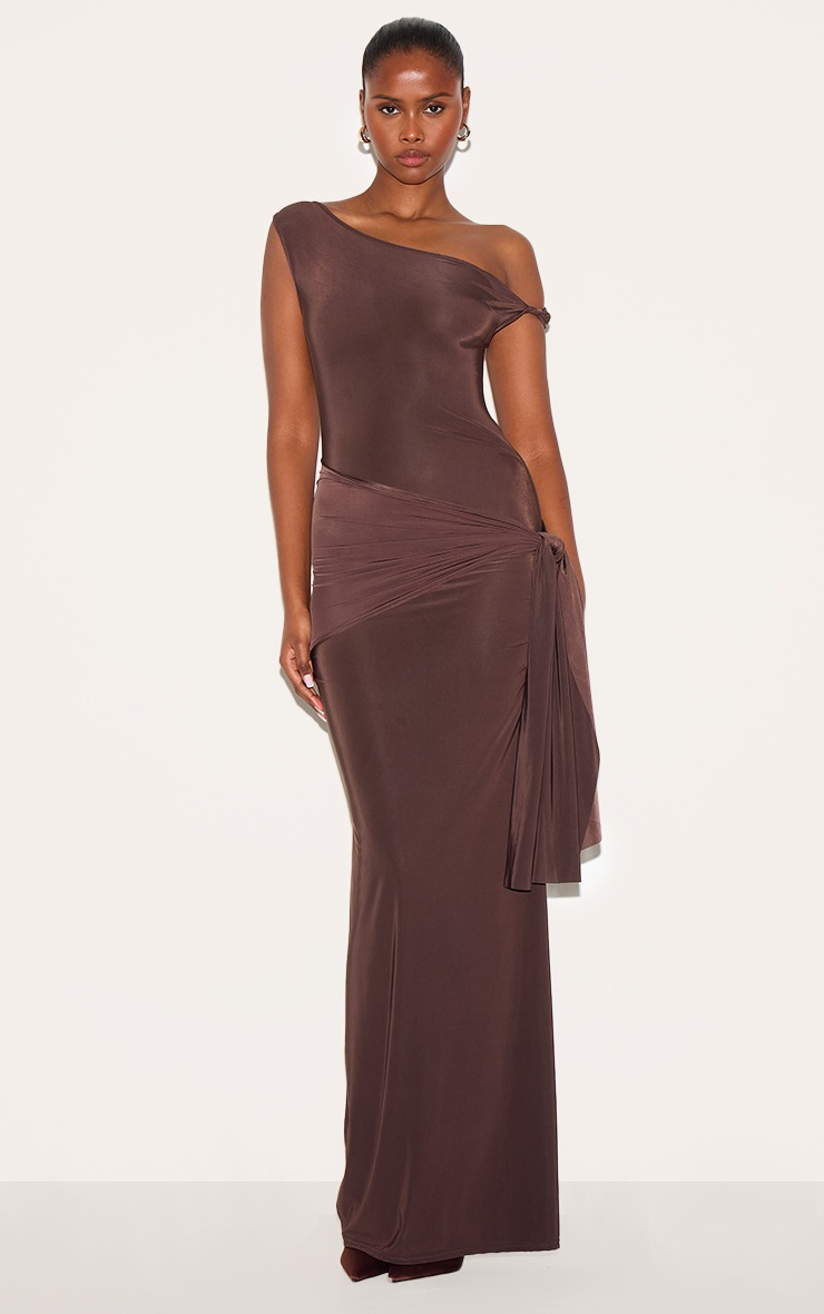 Pretty Little Thing Chocolate Slinky Off Shoulder Wrap Detail Maxi Dress