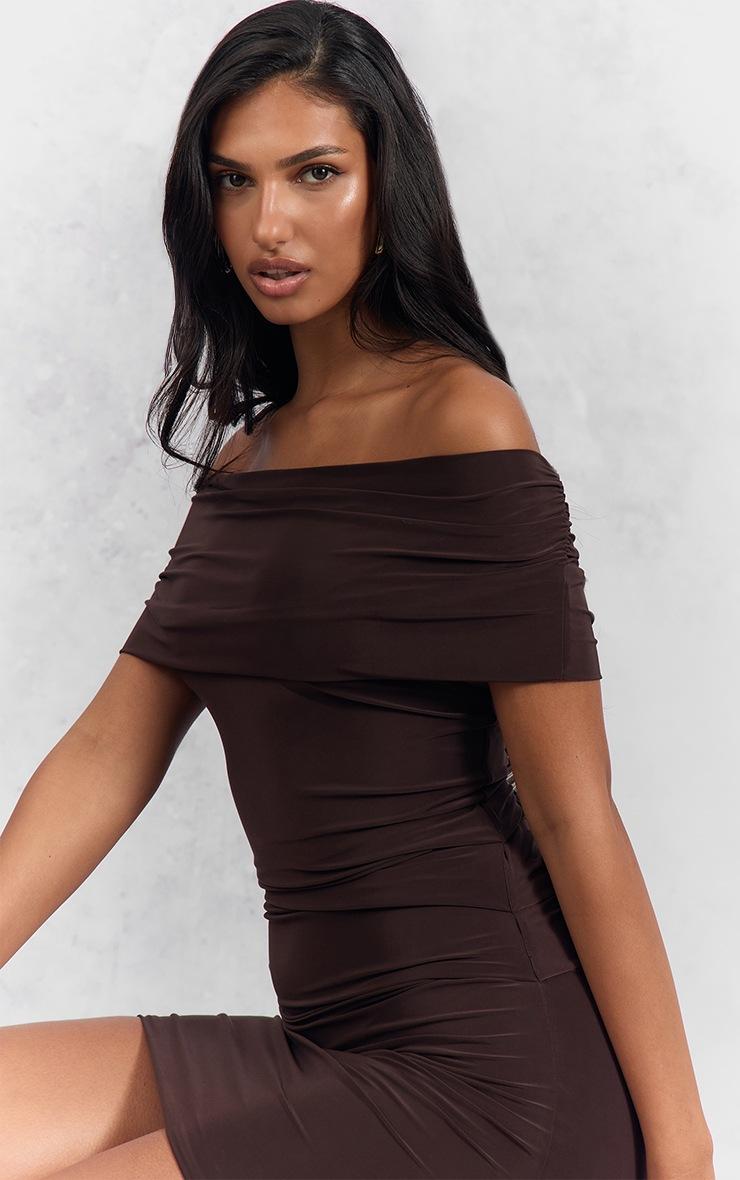 Pretty Little Thing Chocolate Slinky Off The Shoulder Mini Bodycon Dress