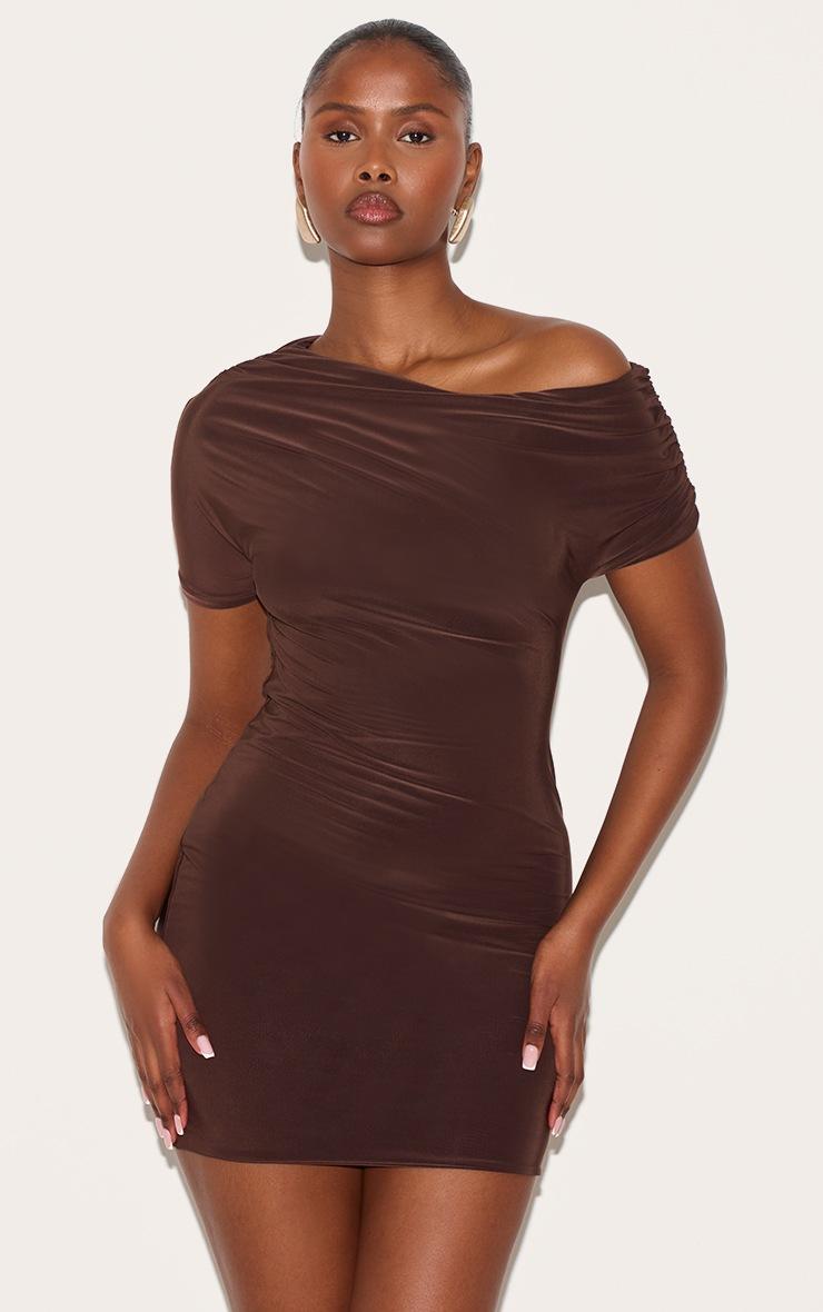 Pretty Little Thing Chocolate Slinky Off The Shoulder Ruched Mini Dress