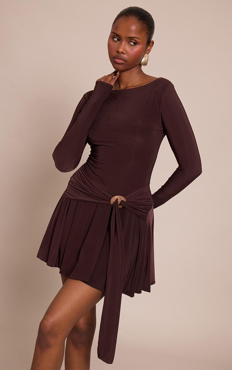 Pretty Little Thing Chocolate Slinky Trim Belt Detail Mini Shift Dress