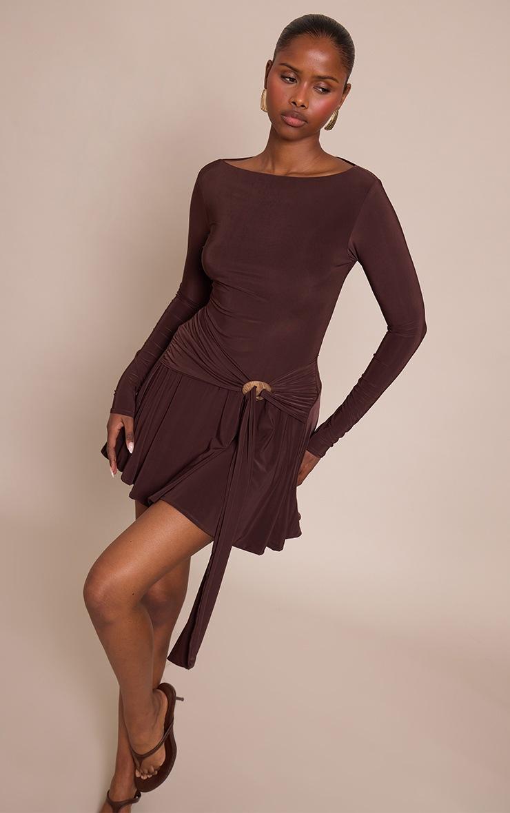 Pretty Little Thing Chocolate Slinky Trim Belt Detail Mini Shift Dress