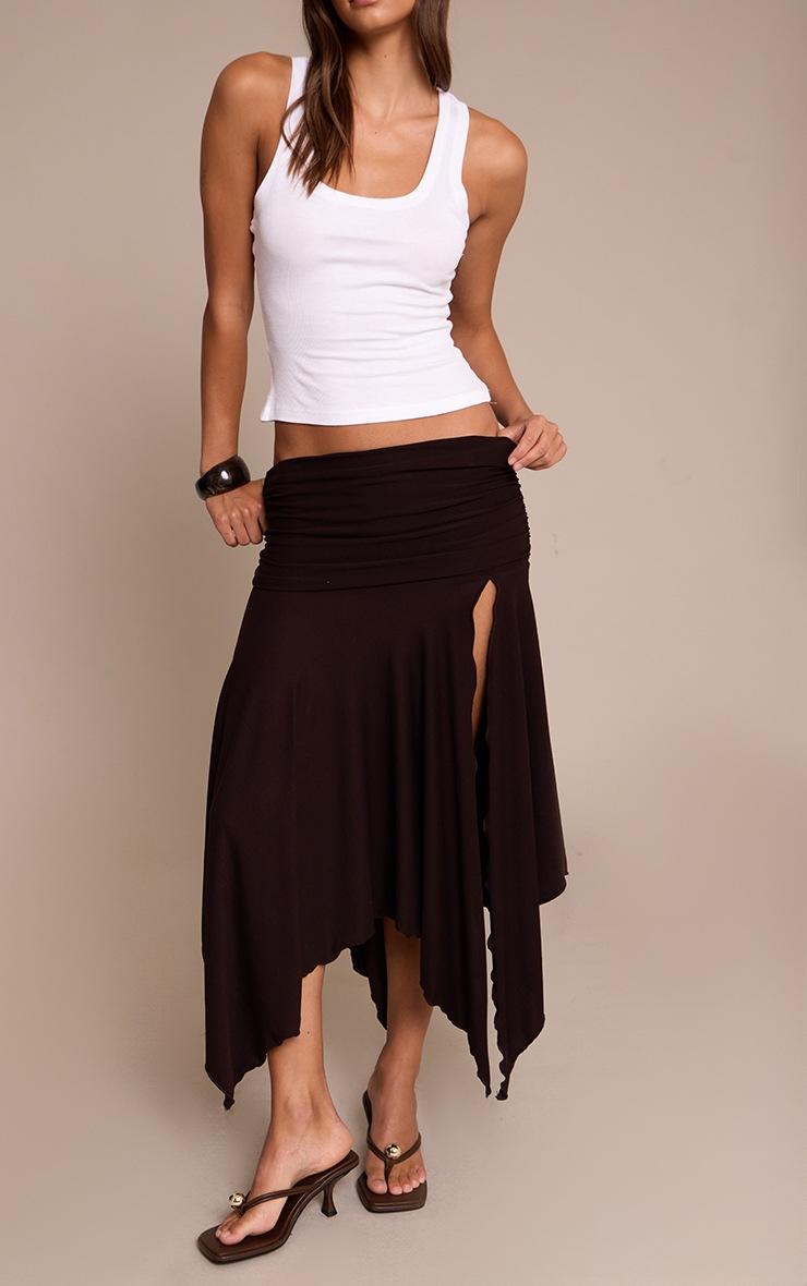 Pretty Little Thing Chocolate Soft Touch Ruched Asymmetric Midi Skirt
