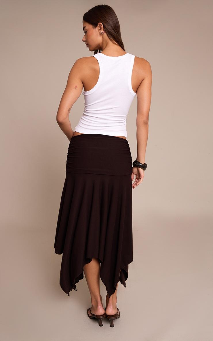 Pretty Little Thing Chocolate Soft Touch Ruched Asymmetric Midi Skirt