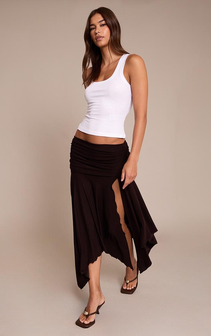 Pretty Little Thing Chocolate Soft Touch Ruched Asymmetric Midi Skirt