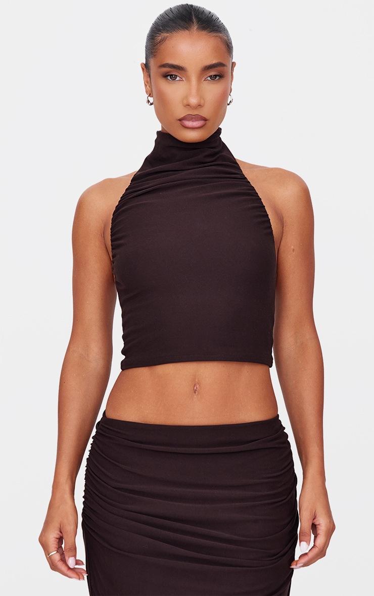 Pretty Little Thing Chocolate Soft Touch Ruched Halter Crop Top