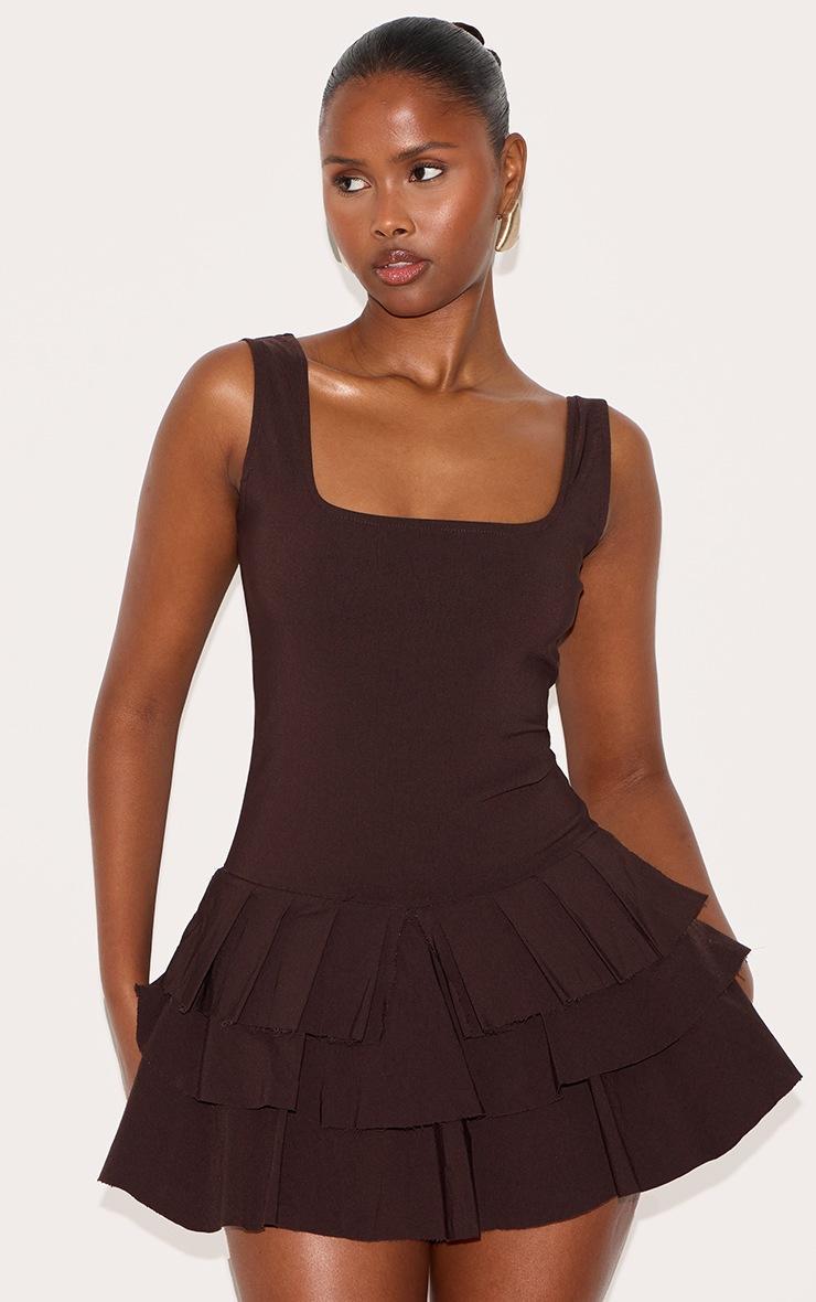 Pretty Little Thing Chocolate Stretch Woven Pleated Skort Romper