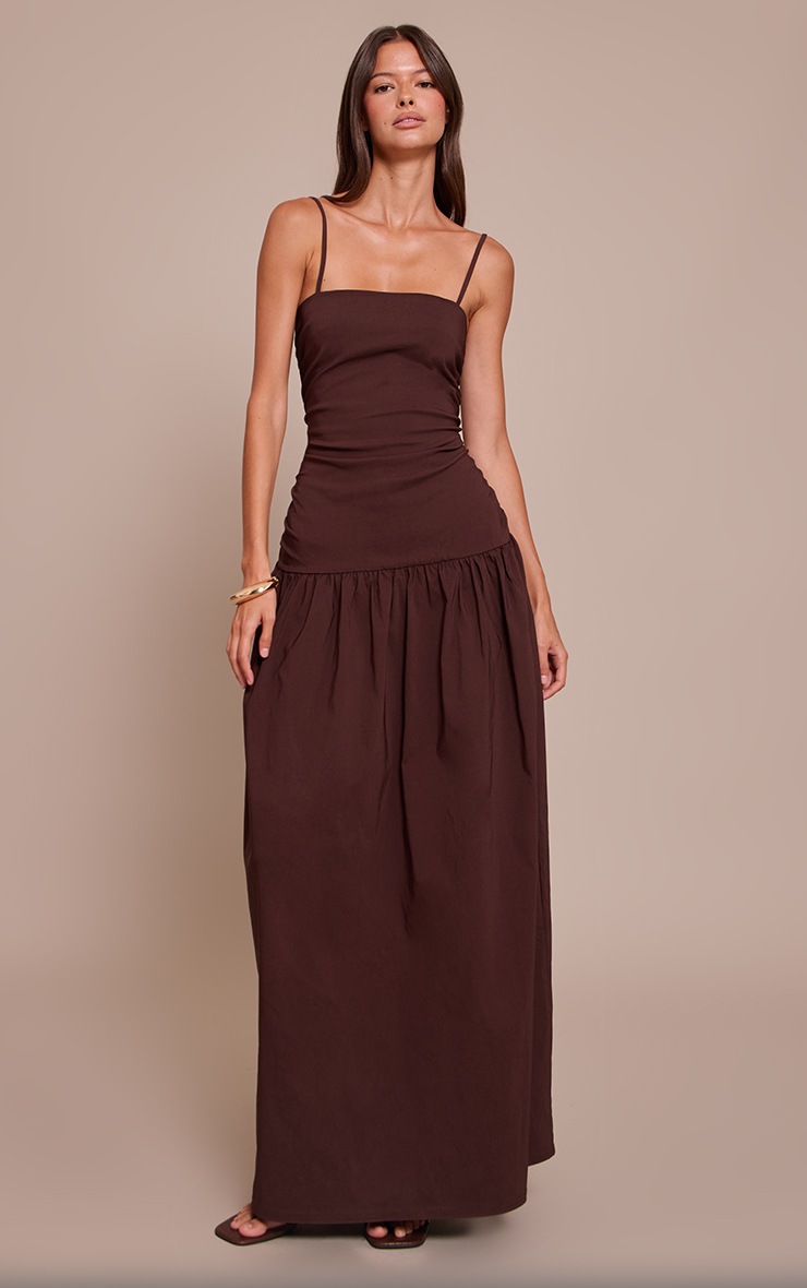 Pretty Little Thing Chocolate Stretch Woven Strappy Ruched Maxi Dress