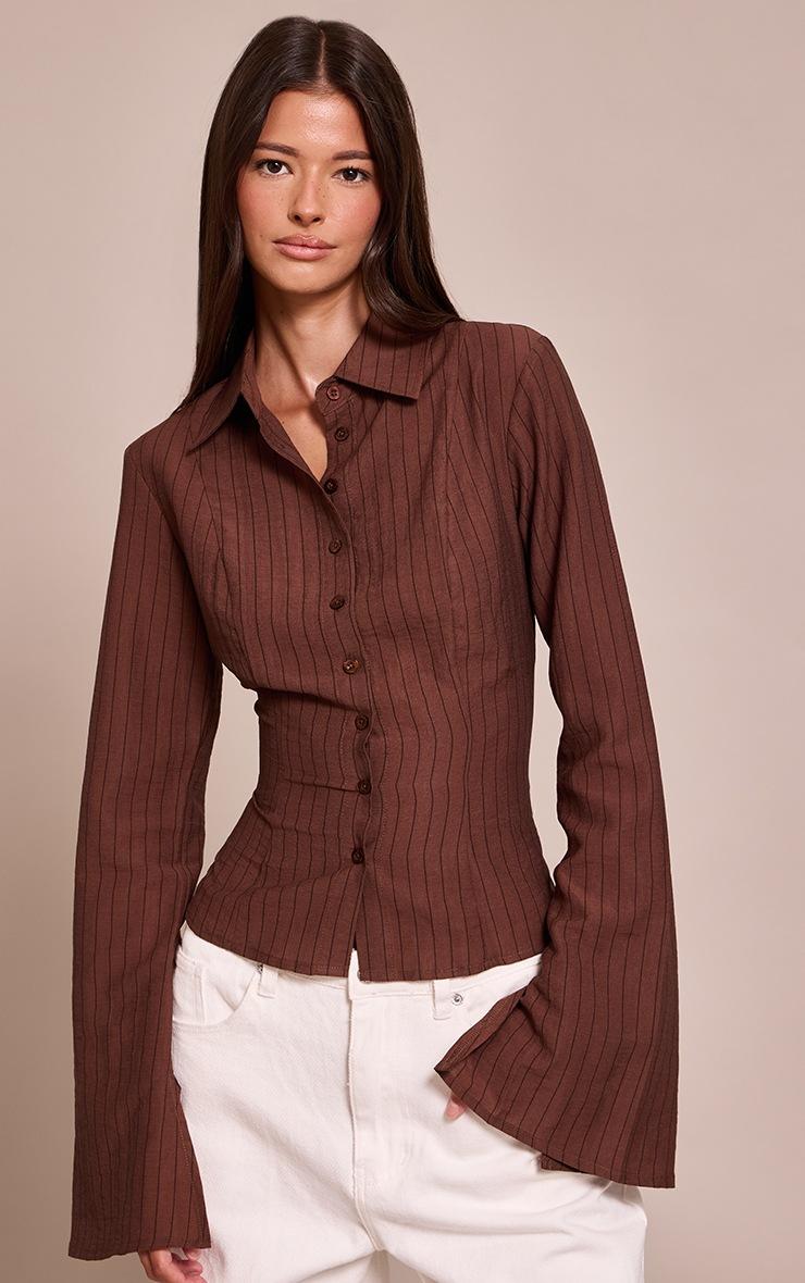 Pretty Little Thing Chocolate Stripe Seam Detail Fitted Shirt