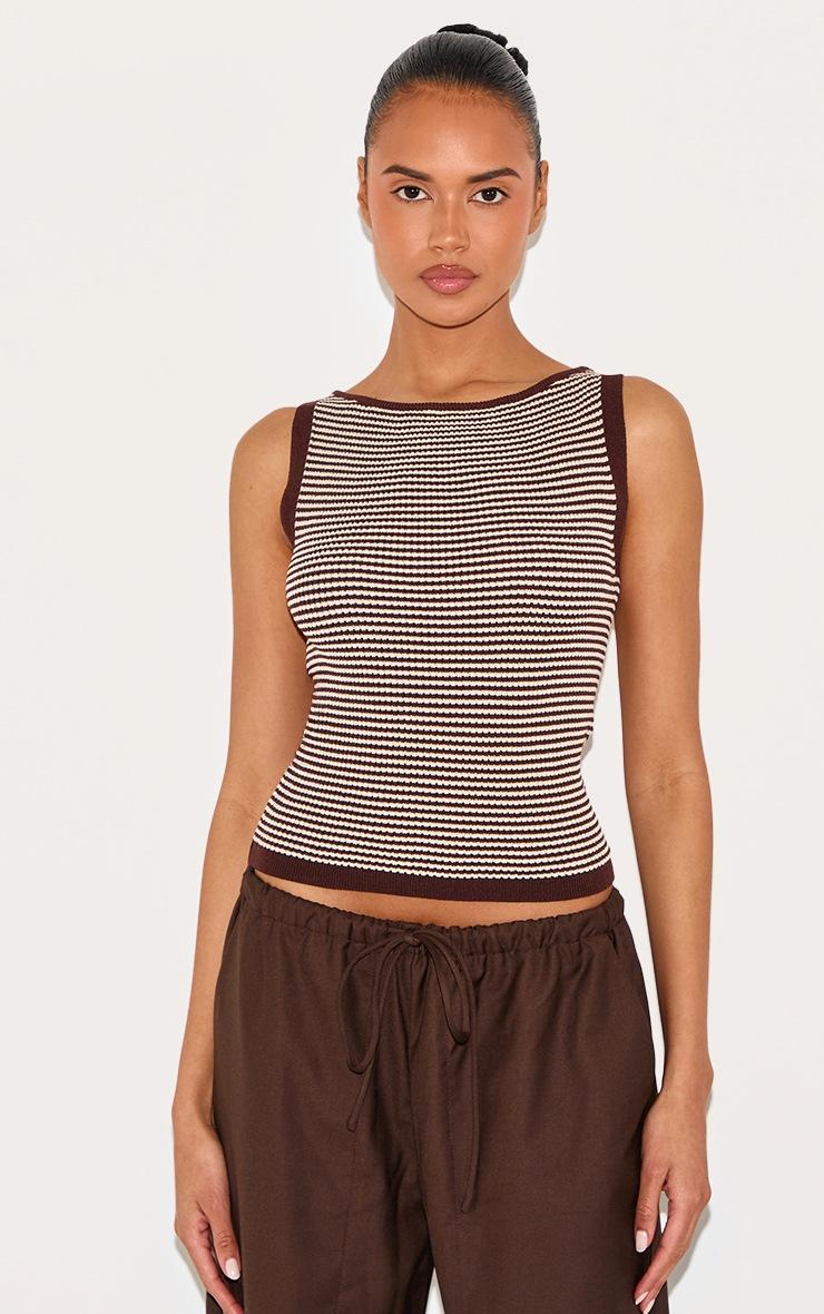 Pretty Little Thing Chocolate Stripe Waffle Knit Boat Neck Top