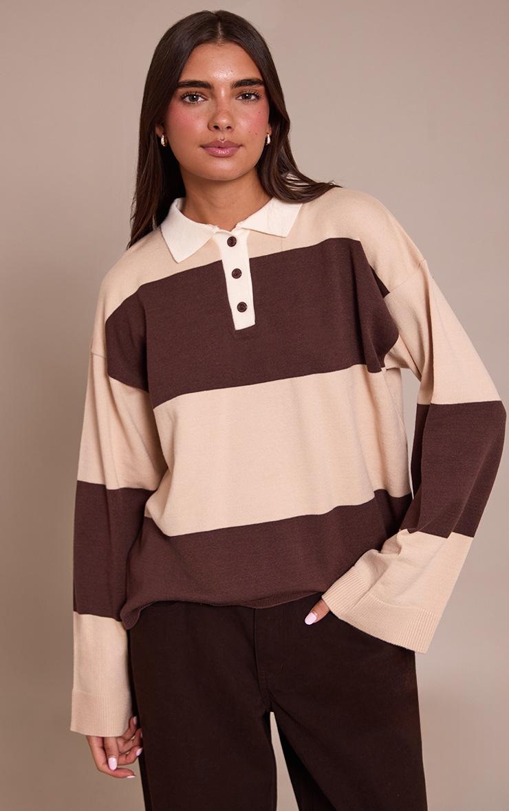 Pretty Little Thing Chocolate Striped Knitted Rugby Top