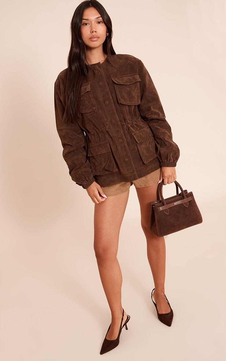 Pretty Little Thing Chocolate Structured Faux Suede Pocket Detail Adjustable Waist Jacket