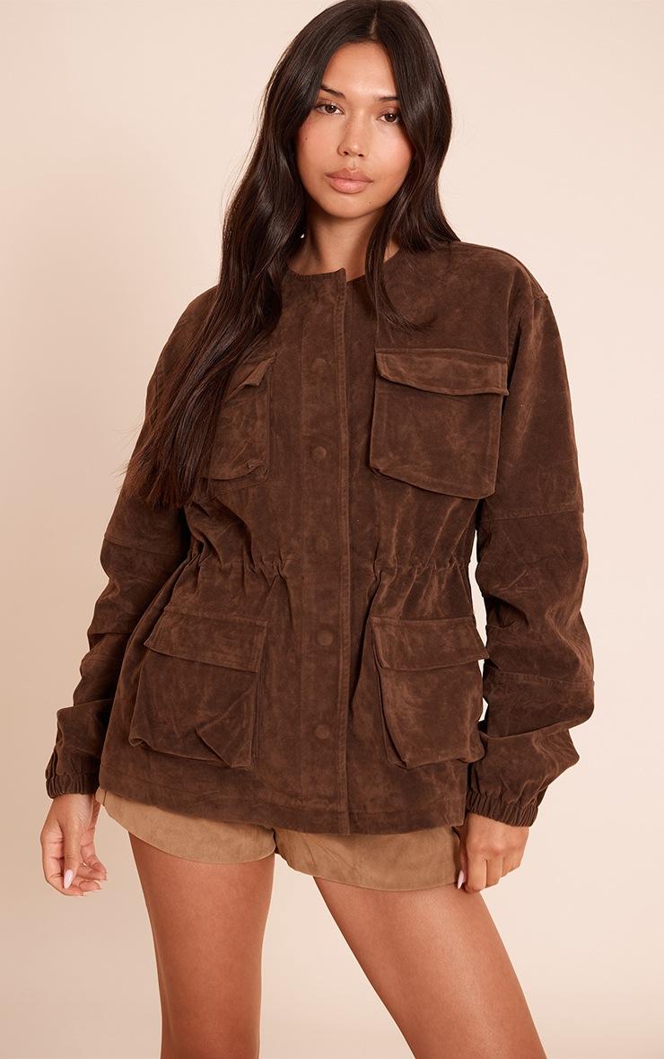 Pretty Little Thing Chocolate Structured Faux Suede Pocket Detail Adjustable Waist Jacket