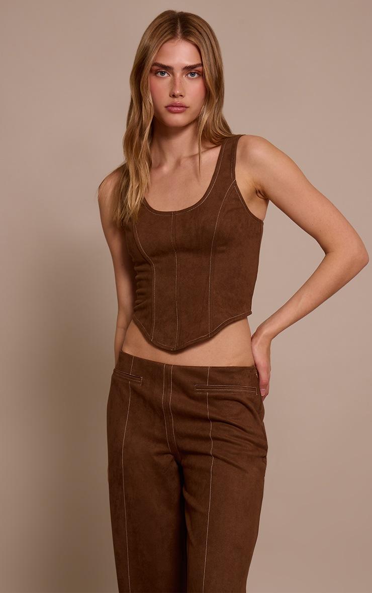 Pretty Little Thing Chocolate Suede Contrast Stitch Corset Top