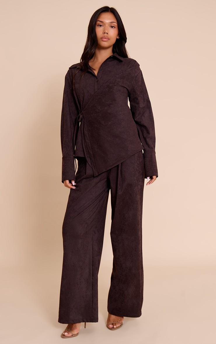 Pretty Little Thing Chocolate Suede Wrap Over Shirt