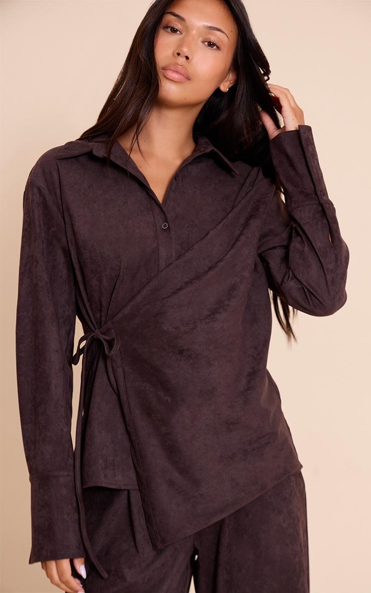 Pretty Little Thing Chocolate Suede Wrap Over Shirt